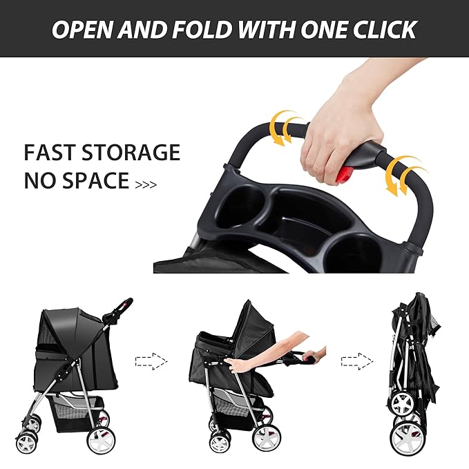Unisakey 4 Wheels Pet Stroller for Small Medium Dogs Cats 10-33 lbs, Foldable Dog and Cat Stroller with Cup Holder & Storage Basket & Breathable Mesh, Pet Strolling Cart for All-Season, Black