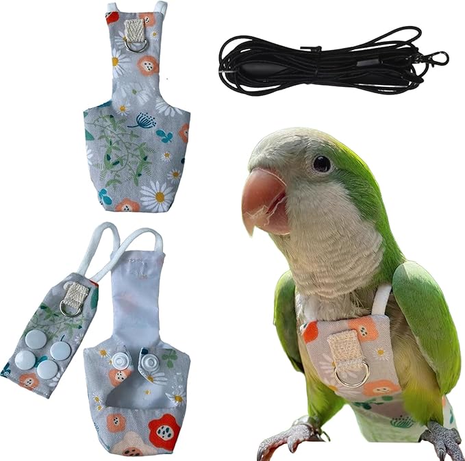 Snap-Closure Parrot Diaper Flight Suit for Cockatiels, Lovebirds & Medium Birds Cotton Washable Escape-Proof Harness with Leash Set(Senegal Model+1 Meter Rope)