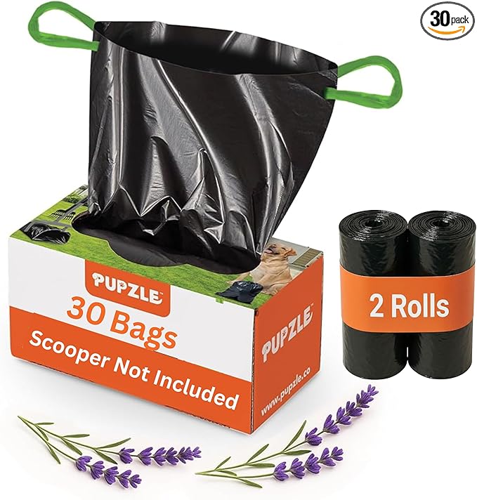 Pupzle Dog Pooper Scooper with Bag Attachment, 40" Long Handle Pooper Scooper for Large Dogs, Dog Poop Scoop for Yard, Large Capacity Swivel Bin and Rake, Lavender Scented Bags (Black)