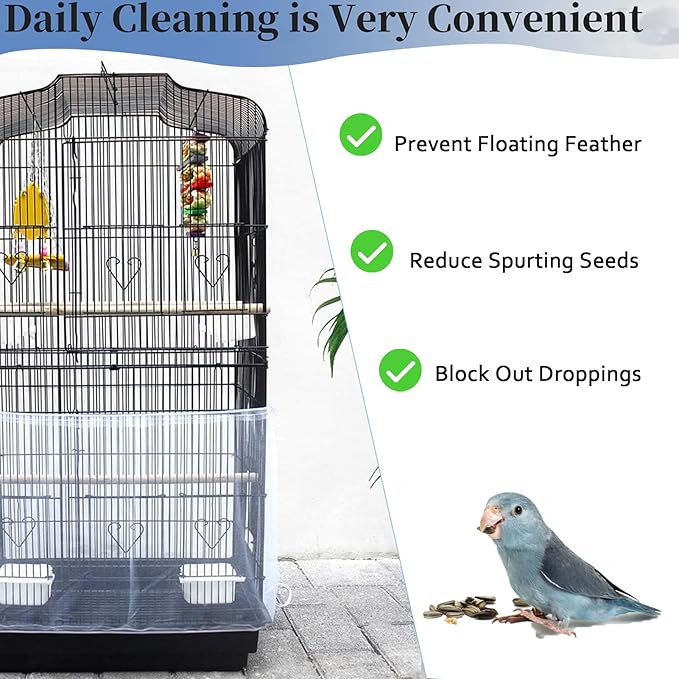 ZMD Bird Cage Seed Catcher, Large Birdcage Cover Adjustable Airy Nylon Mesh Net Birdcage Cover Skirt with Drawstring Seed Guard for Parrot Lovebirds Finches, White