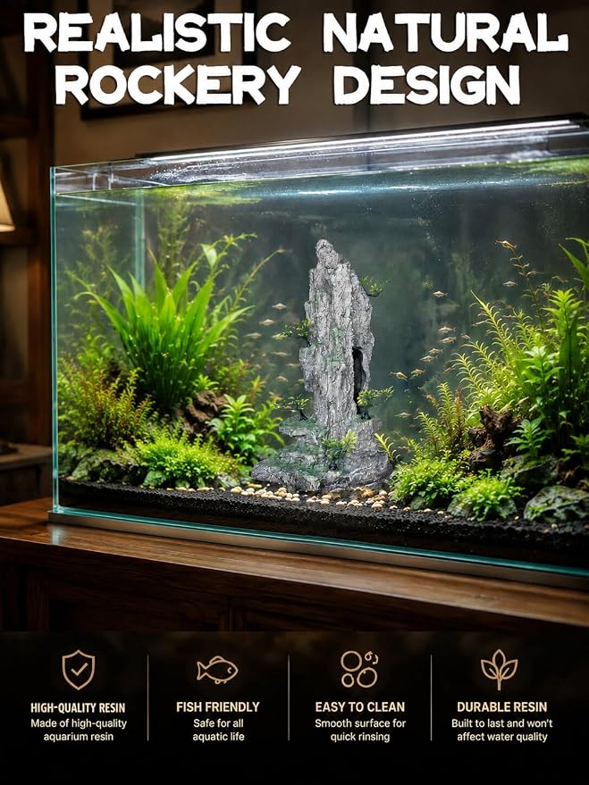 Aquarium Decor - Tall and Large Mountain Rock Ornament for Fish Tank, Aquarium Hideout with Rock Texture for Betta, Guppy, Shrimp - Safe Aquatic Decoration, Fish Hiding House（Grey）