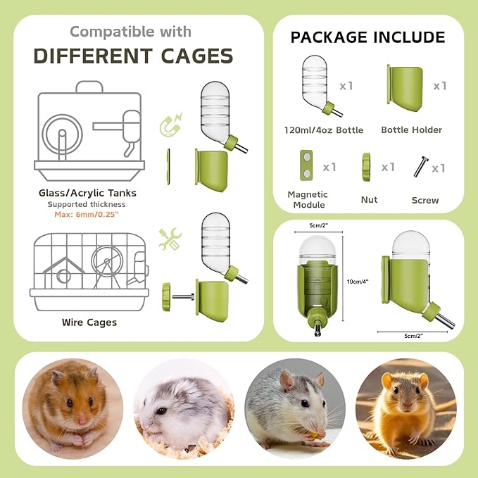 Hamster Water Bottle with Magnetic Holder, Freestanding Water Bottle for Glass Tanks, Suitable for Syrian Dwarf Hamsters Gerbils Mice Rats Degus (Green, 4 oz (Magnetic-Mounted))