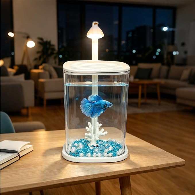 Desktop Small Fish Tank with LED Light for Betta Guppy Goldfish | Clear Acrylic Aquarium Kit with Artificial Coral, Pearls & Diamond Decor, Starter Kit Small Space Easy Setup Space-Saving