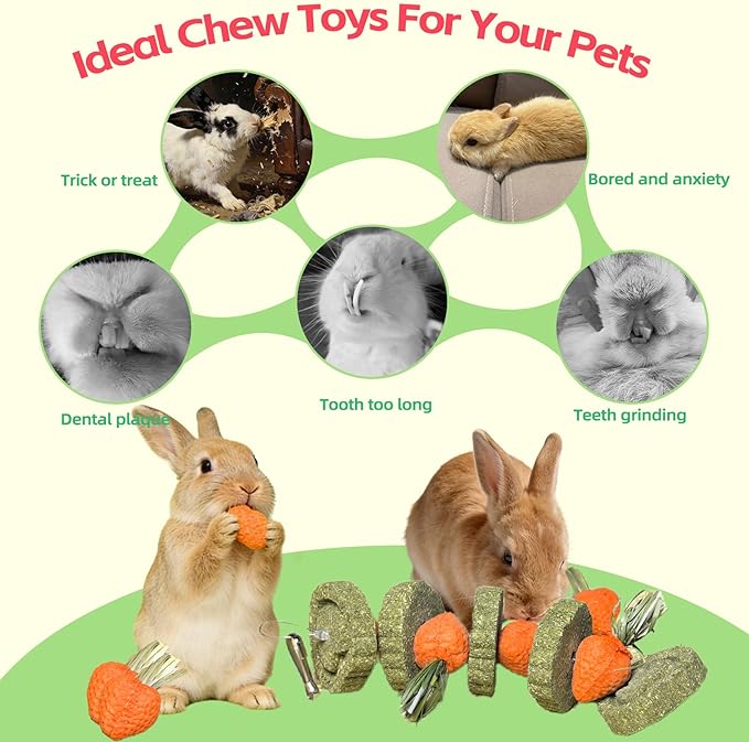 Bunny Chew Toys Guinea Pig Chew Toys for Teeth Grinding Rabbit Treats Natural Timothy Grass Cake Strawberries for Guinea Pigs Chinchillas Bunny Hamster (3 Pcs)
