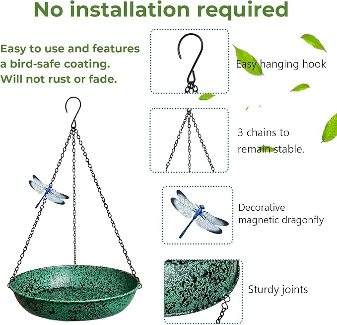 Hanging Bird Baths for Outside, 11 inch Outdoor Metal Bird Feeder for Garden Yard Decor Green