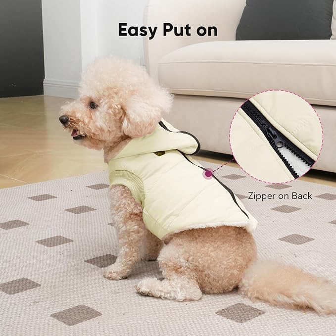 Vecomfy Fleece Lining Dog Hoodie with Harness Built in,Extra Warm Small Dog Jacket in Winter Puppy Coats with Hooded,Light Yellow M