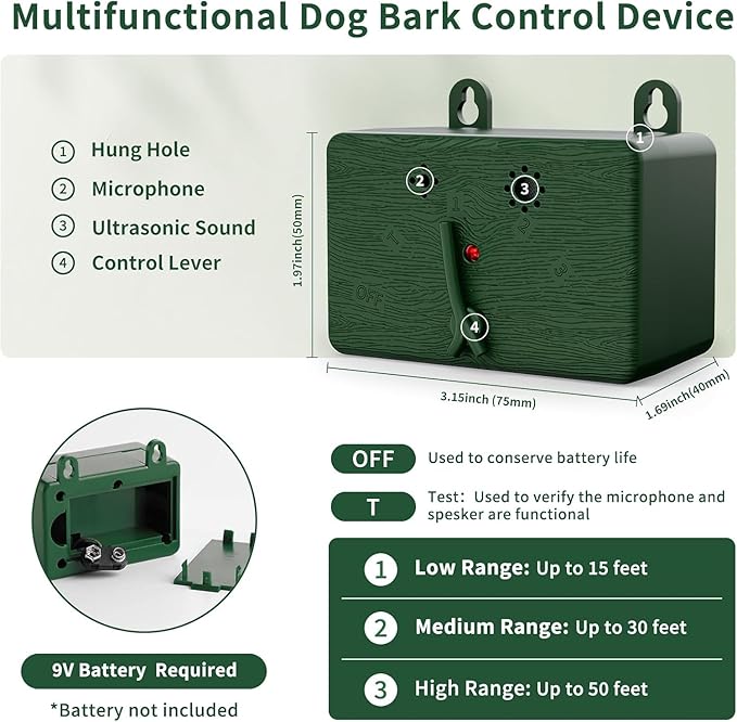 Anti Barking Devices for Dogs - 50FT Automatic Stop Dog Barking Control Devices - 4 Modes Ultrasonic Anti Barking Box - Sonic Stop Bark Devices - Home/Garden/Indoor/Outdoor/Neighbor's Dogs (Green)
