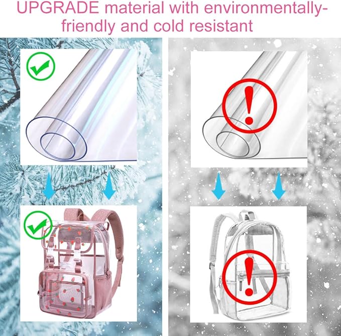17" Strawberry Clear Backpack for Girls - 3Pcs Flip Design Stadium Approved Set, Campus/School Transparent Bookbag (Pink)