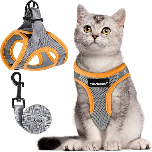 FAYOGOO Gray Escape Proof Cat Harness & Leash Set, XL (Chest 16-17.5'') for Small Cats/Dogs, Outdoor Activities