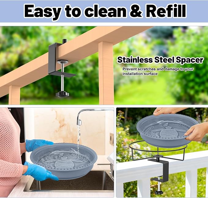 Bird Baths for Outdoors, Rustproof Metal Clamp Birdbaths & Birdfeeder with Detachable Plastic Basin, Outdoor Bird Feeding & Watering Station for Wild Birds Garden Patio Balcony (Grey)