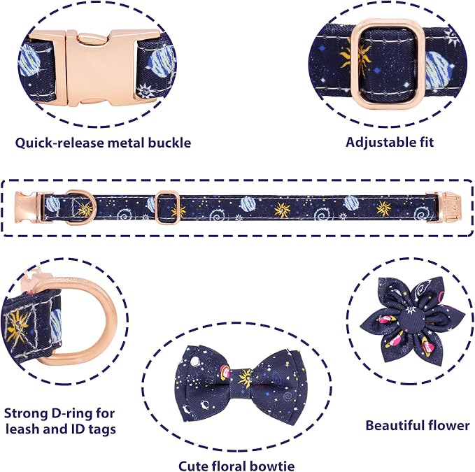 Dog Collar and Leash Set Adjustable Girls Puppy Floral Collars with Bow Tie for Small Medium Large Dogs(S, Blue Planet)