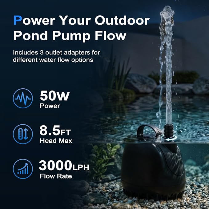 hygger 793GPH Submersible Aquarium Water Pump (3000L/H 50W) with 3 Nozzles | Ultra Quiet Fish Tank Pump with Ceramic Shaft, Overheat Protection for Aquarium, Pond, Hydroponics (8.5ft Lift)
