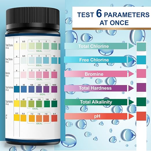 DIPSTIK Pool and Spa Test Strips-6 in 1 Hot Tub Test Strips,100 Counts | Accurate Swimming Water Test for pH, Total Hardness, Bromine, Free Chlorine, and Total Chlorine Test Strips,