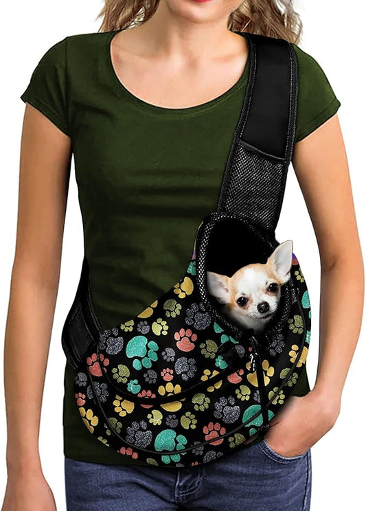 FUSURIRE Colorful Puppy Paws Pet Carrier Sling for Small Dog Cat Cute Pet Carrier Ventilate Cat Backpack for Traveling, Camping and Hiking Soft Pet Front Pack Travel Carrier Bag