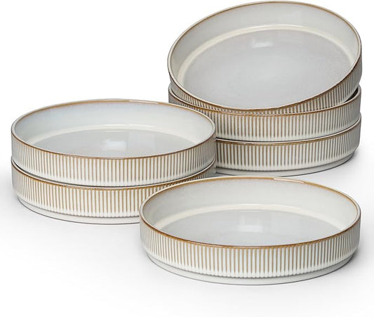E-far Pasta Bowls Set of 6, 35oz Large Salad Bowl Plate for Dinner Serving, Wide & Shallow Ceramic Stoneware Pasta Plates, Microwave & Dishwasher Safe, Reactive Glaze Textured Stripes, Creamy Beige