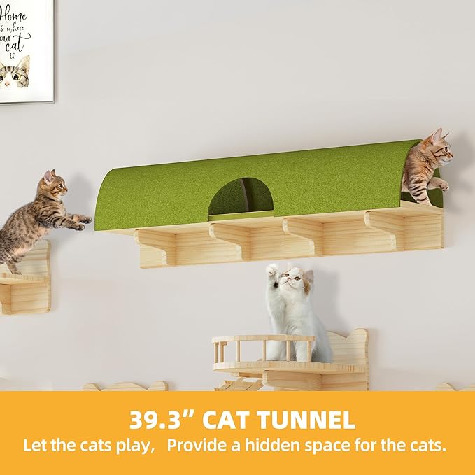 Cat Shelves for Wall, 18-in-1 Solid Wood Wall Mounted Cat Wall Shelves with Tunnel, Scratching Post, Steps & Bridge Ladder, Multi-Level Cat Climbing System, Space Saving, Floating Cat Shelves