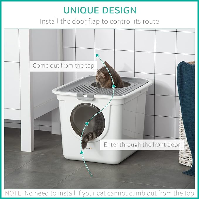 PawHut Cat Litter Box with Lid, Covered Kitty Litter Box with Front Entrance, Top Exit, Scoop, Easy Cleaning Cat Toilet for Odor Control, Privacy, White