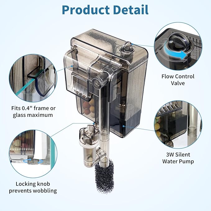 Small Fish Tank Filter for 3-5 Gallon Aquarium, USB Powered Quiet Hang On Back Filter with Upgraded 3-Stage Filtration System (Sponge & Quartz Balls), Adjustable Flow & Extra Media Set Included