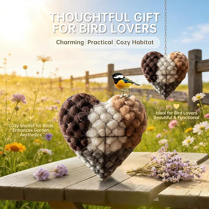 2026 New Handmade Alpaca Fiber Bird Nesting Heart,Refillable Alpaca Bird Nesting Material,Nesting Material for Wild Birds and Hummingbirds for Fowl Gifts Animal Hummingbirds Lovers (2pcs)