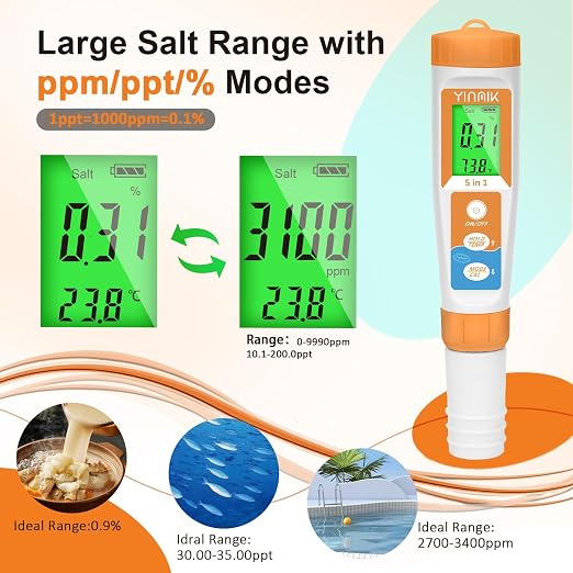 Pool Salt Tester New Update 5 in 1 pH TDS EC Salinity Meter | Saltwater Tester for Swimming Pools Hot Tub Digital Salinity Tester for Aquarium Water Accuracy pH and ppm Meter Hydroponic…