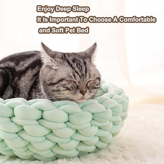 Woven Dog Bed Basket, Knitted Cotton Cat Bed Round Washable Woven Cat Pet Bed Chunky Dog Basket, Orthopedic, Chunky Knit Dog Nest,Dog Bed,Dog Cave,Dog Bedding(Green 3,19")