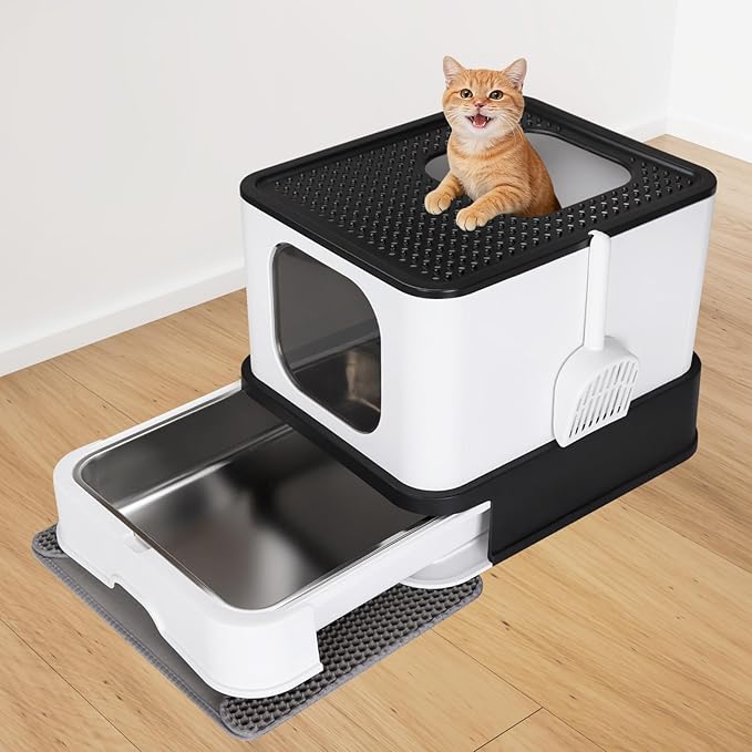 RIZZARI Stainless Steel Litter Box: Large Dual-Entry Enclosed Leakproof Design - Odor-Free Non-Stick Cleaning - Teflon Coating & Pull-Out Sifting Tray for Multi-Cat Homes - Use in Living Room