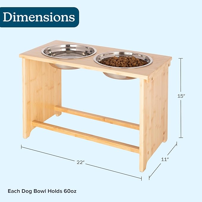 Elevated Dog Bowls - 15-Inch Tall Bamboo Raised Dog Bowl Stand with Nonslip Feet - Comes with Two 60oz Removable Dishwasher Safe Stainless Steel Pet Bowls - Puppy Essentials by PETMAKER