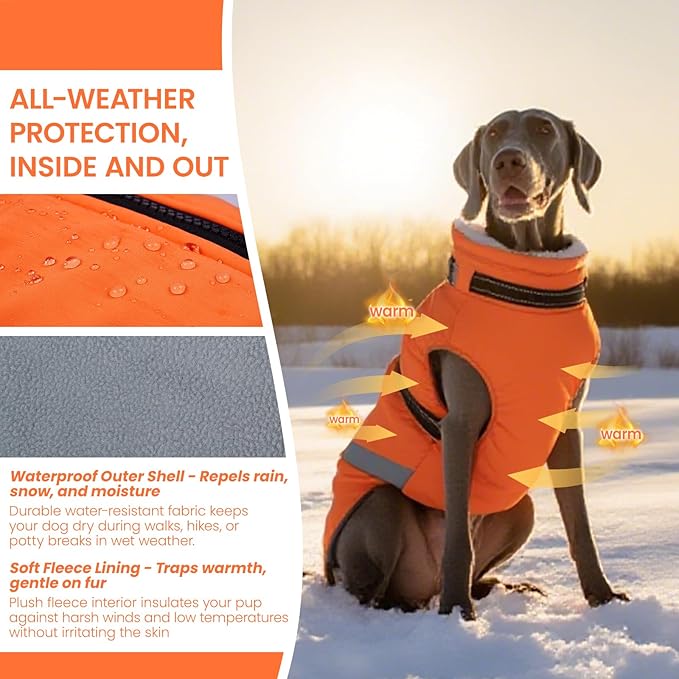 QBLEEV Large Dog Coat, Big Dog Winter Jacket for Large Dogs, XXX-Large Waterproof Cold Weather Snow Vest with Zip & Reflective, Windproof Built-in Harness Warm Fleece Snowsuit Clothes, Orange, XXXL