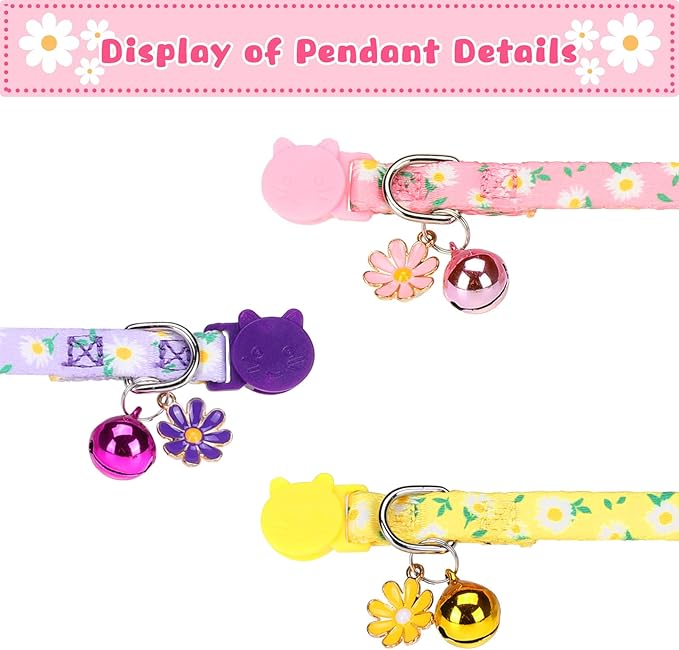 Breakaway Cat Collars with Bell & Cute Pendants, 3 Pack Safety Buckle Kitten Collars, Adjustable Pet Collar Ideal for Girl Boy Cats Puppy (Daisy Pattern)