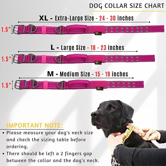 ADITYNA Heavy Duty Dog Collar for Medium Dogs - Reflective Magenta Collar with Handle for Training, and Walking - Wide, Thick, Tactical, Soft Neoprene Padded