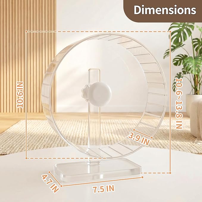 11 Inch Silent Hamster Wheel - Large Clear Running Wheel with Adjustable Stand - Quiet Spinning Exercise Wheel for Syrian Hamsters, Gerbils, Hedgehogs and Small Animals, Transparent