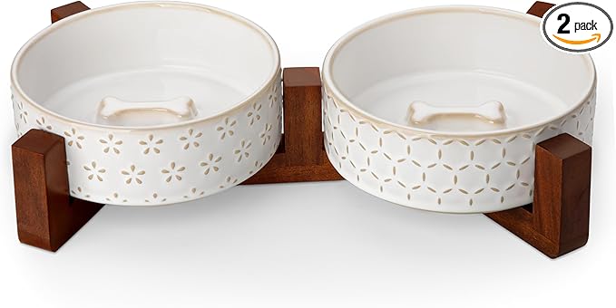 MALACASA Dog Bowl Set with Walnut Wood Stand, 1.5 Cups Ceramic Pet Bowls for Puppy Dogs, Dual Food and Water Bowls with Non-Slip Base, Basic Bowls for Your Dog or Cat, Five-Leaf Grass & Honeycomb