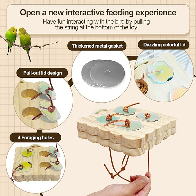 2PCS Wooden Bird Foraging Puzzle Toys Interactive Parakeet Enrichment Foraging Toy for CageBird Slow Feeder Parrot Chewing Toy for Pets, Bird Perches Stand for Sun Conure and Small Sized Birds