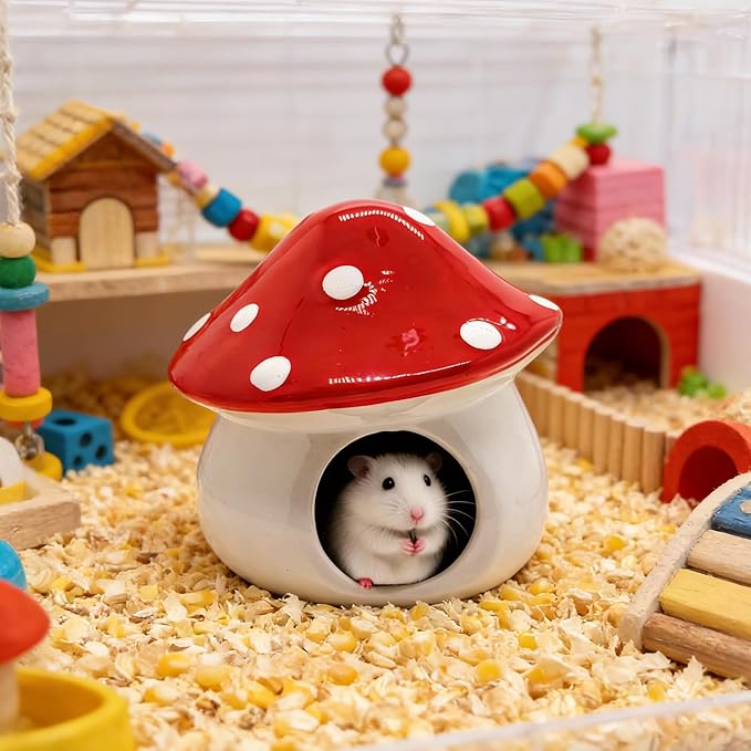 M2cbridge Ceramic Hamster House and Habitats Mushroom Gerbils Lemmings Small Pet (Red)