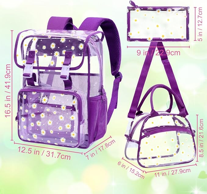 17" Daisy Clear Backpack for Girls - 3Pcs Flip Design Stadium Approved Set, Gym/Concert Transparent Bookbag (Deep Purple)