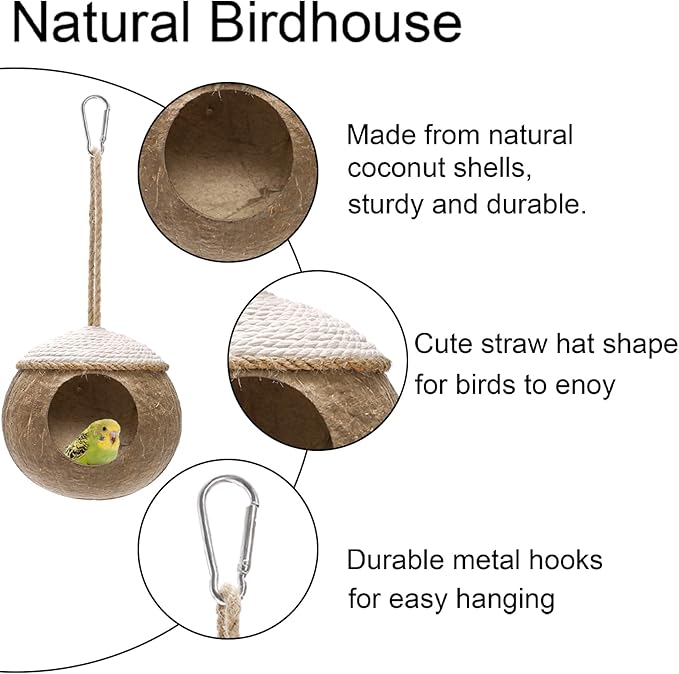 Yesland 2 Pack Coconut Bird Nest Hut with Loop, Coconut Fiber Hanging Birdhouse Cage, Anti-Pecking Bite Coconut Bird Parakeet for Parrot Parakeet Lovebird Finch Canary, Pet Cage Habitats Decor