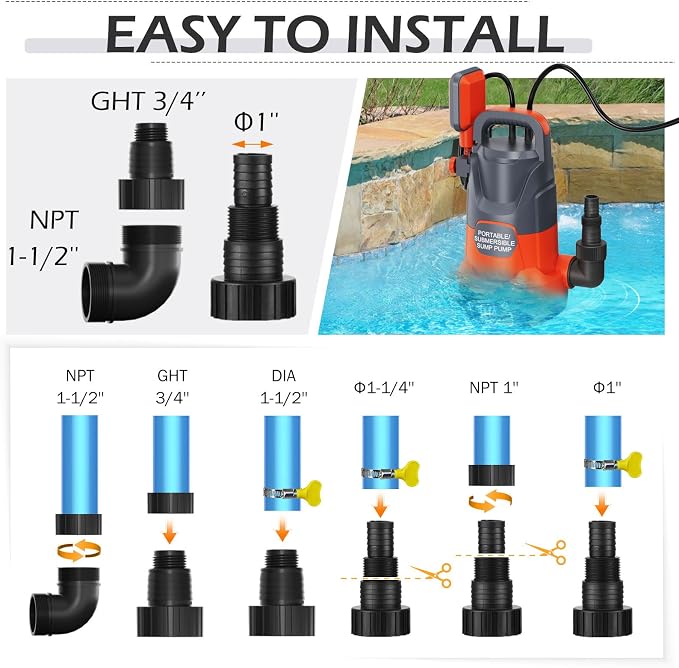 Automatic Sump Pump with Float Submersible Utility Water Pump 1HP | Pool Draining Pump with Adapters