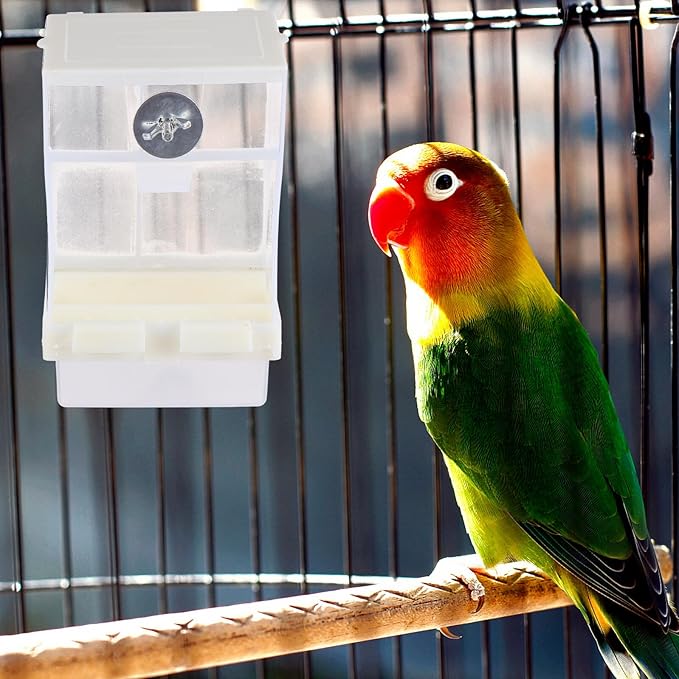 FOMIYES Automatic Hanging Bird Feeder with Anti-Spill Tray, Acrylic Outdoor Parrot Food Container, No-Mess Seed Dispenser Suitable for Garden and Cage Birds