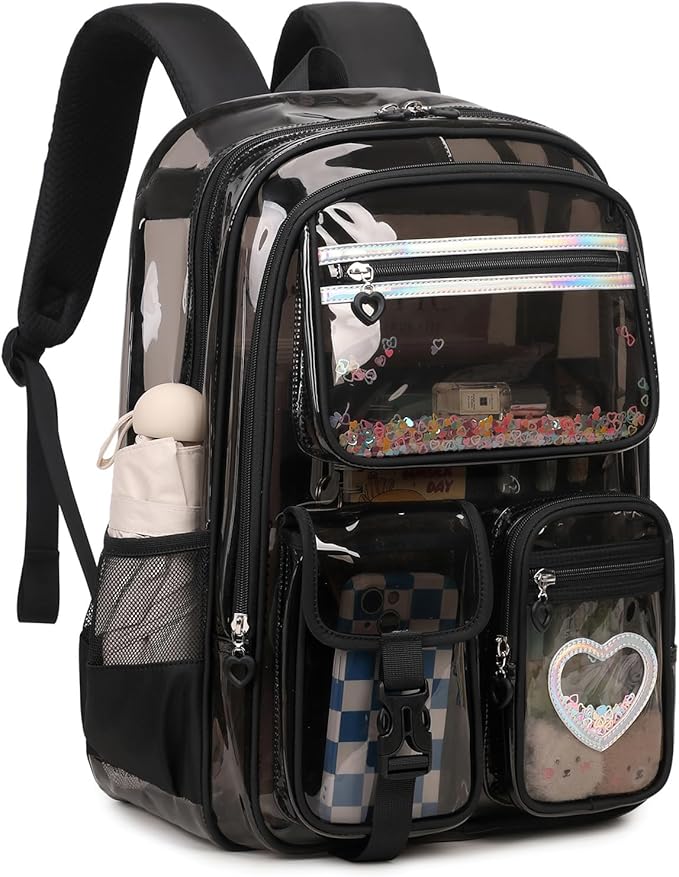 MOONBABY Clear Backpack for Girls, Clear Bookbag Heavy Duty Transparent Backpack for Stadium Events, See Through Back Pack for Kindergarten Elementary Middle High School, Semi Black