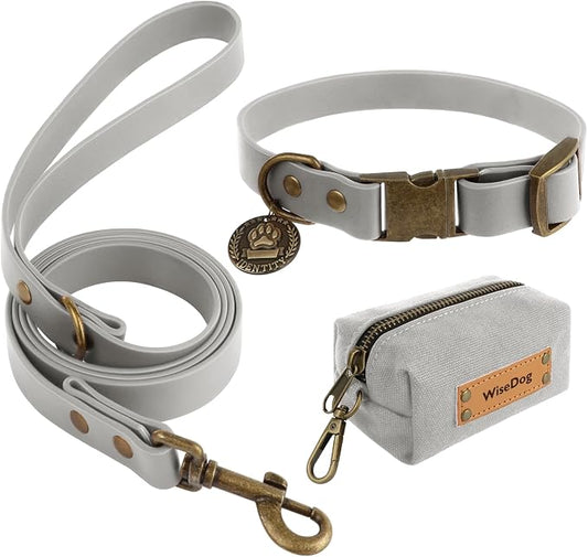 Wisedog Waterproof Dog Collar and Leash Set, Grey, Large | Adjustable Puppy Collar, Cute Tag, 5FT Leash, Includes Poop Bag, For Small Medium Large Dogs