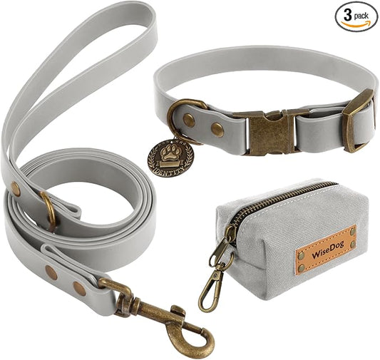Wisedog Waterproof Dog Collar and Leash Set, XS, Grey | Adjustable Puppy Collar, Cute Tag, 4FT Dog Leash, Poop Bag Included, Small Medium Large Dogs