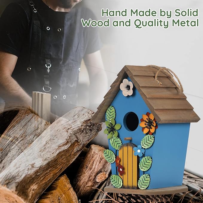 Bird Houses for Outside,Wooden Blue Birdhouse,Decorative Birdhouses for Outdoors,Hanging Bird Houses,Bird Box Nest,Humming Bird House for Outside,Bird Gifts for Bird Lovers
