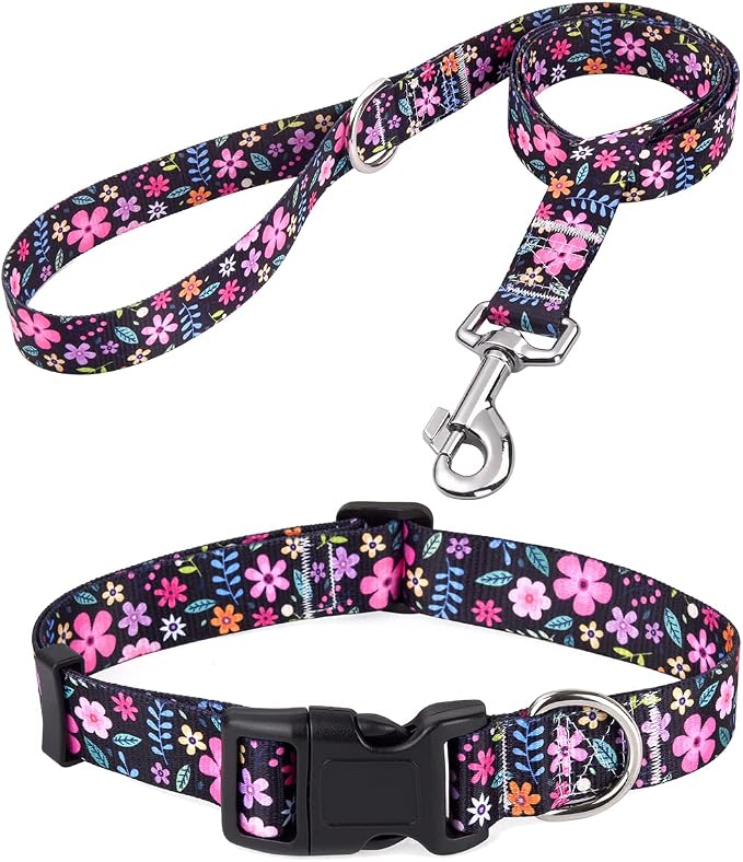 Mihqy Dog Collar and Leash Set with Bohemia Floral Tribal Geometric Patterns - Soft Ethnic Style Collar Adjustable for Small Medium Large Dogs(Floral Set,M)