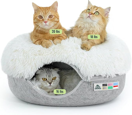 CATTASAURUS Peekaboo Cat Cave for Multiple & Large Cats Up to 30-45 Lbs, Fluffy Cat Beds for Indoor Cats, Scratch Detachable & Washable Tunnel Bed, Comfy Donut Cave (Light Gray, Large (Calming))