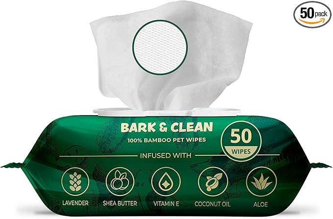 Bark & Clean Dog Wipes for Paws and Butt, 50 Count Large 8.5" x 9" Hypoallergenic Bamboo Pet Wipes Compostable Puppy Wipes with Lavender for Dogs Body Face - Deodorizing Grooming Wipes