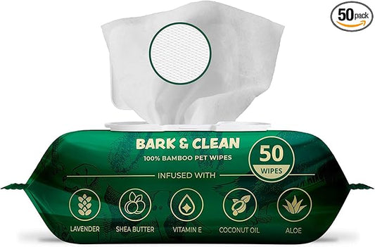 Bark & Clean Dog Wipes for Paws and Butt, 50 Count Large 8.5" x 9" Hypoallergenic Bamboo Pet Wipes Compostable Puppy Wipes with Lavender for Dogs Body Face - Deodorizing Grooming Wipes