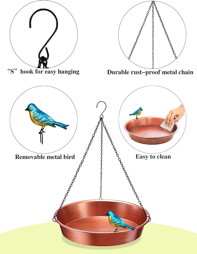 Hanging Bird Bath for Outside, 11.5” Antique Copper Metal Birdbath Bowl & Feeder with Black Chain for Outdoor Garden Yard Decor (0.7 Gallon)