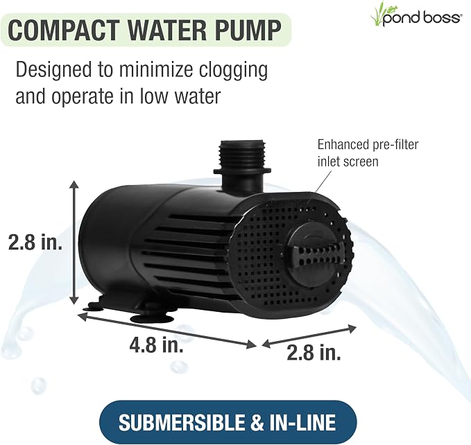 pond boss 300 GPH Submersible and In-Line Water Pump for Hydroponics, Aquaponics, Fountains, and Freshwater Aquariums – Adjustable Flow, Quiet Operation, Includes Tubing Adapters