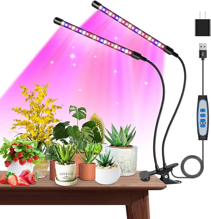 Grow Lights for Indoor Plants, 2 Heads Clip On Plant Light, 40 LEDs | RedBlue Plant Light, Timer 6/12/16Hrs, 3 Spectrums, 5 Dimmable Levels, Flexible Gooseneck