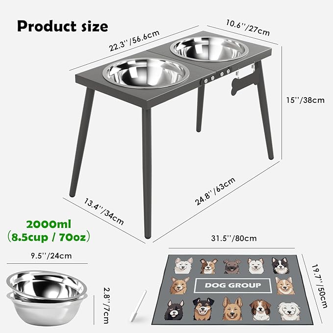 ADENGL Elevated Dog Bowls for Large Extra Large Pet, Raised Dog Bowl Stand with Sprill Proof Mat and Bowls (2000ml/70oz), Pet Food & Water Bowl 15.5" Tall Dogs Feeder for Extra Large Breed, Grey